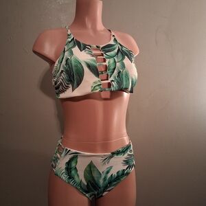 Tropical Leaf Print High-Waisted Bikini Set with Cutout Details
